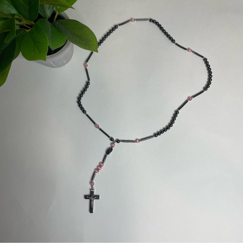 Black and pink glass bead rosary